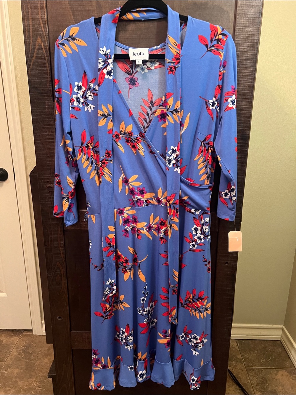 Leota Periwinkle Floral Wrap Midi Dress with Red & Yellow Accents